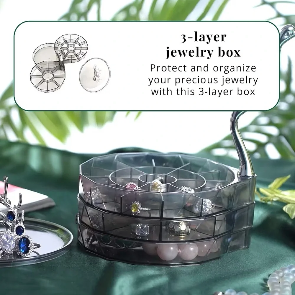 Gray color swan shaped three layer jewelry box